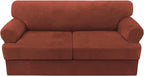 H.VERSAILTEX Sofa Cover 3 Piece T Cushion Loveseat Slipcovers Thick Velvet Couch Cover Stretch T Cushion Sofa Covers for 2 Cushion Couch with 2 Individual T Cushion Covers Washable, Rust
