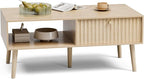 Coffee Table with Storage, Boho Dining Table with Fluted Drawer and Solid Wood Legs, Small Coffee Tables for Living Room, Oak
