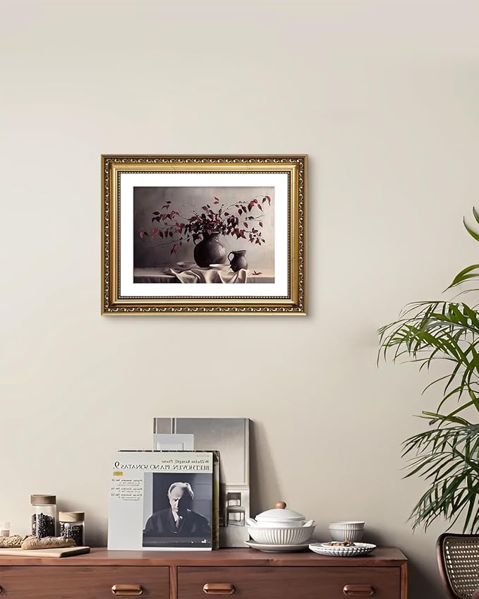 ARPEOTCY Vintage Gold Framed Wall Art Decor, 11x14 Inch Vase Still Life Painting Artwork, Classical Canvas Wall Art for Living Room Bedroom, Antique Farmhouse Kitchen Decor