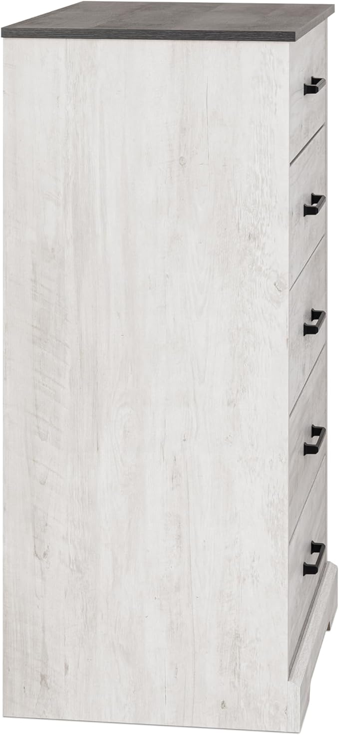 Prepac Rustic Ridge Farmhouse Dresser, Washed White Dresser for Bedroom, Chest of Drawers with 5 Drawers 18.5" D x 27.5" W x 43.5" H, ABDR-1605-1