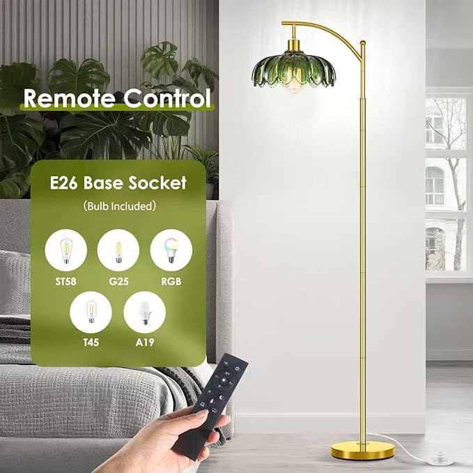Gold Floor Lamp for Living Room with Remote Control,Unique Vintage Standing Tall Lamp,Mid Century Modern Floor Lamps Arc Green Glass Floor Lamps for Office Corner