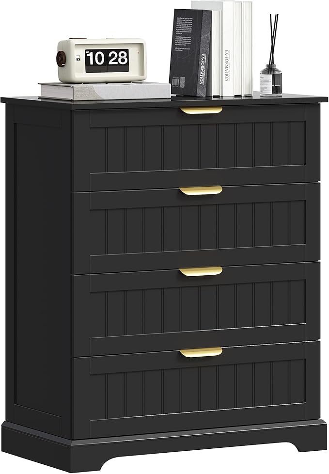 4 Wooden Drawer Dresser for Bedroom Storage, Modern Farmhouse Wood Chest of Drawers with Metal Handles, Wide Storage, Cabinet for Closet, Living Room, or Entryway Black