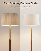 JOOFO Mid-Century Modern Wood Floor Lamp with Dual Fabric Shade, Remote Control, Dimmable & Adjustable Color Temperature, Reading & Living Room Lamp, Easy Clean Cover, Foot Switch,Walnut Wood