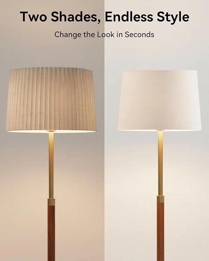 JOOFO Mid-Century Modern Wood Floor Lamp with Dual Fabric Shade, Remote Control, Dimmable & Adjustable Color Temperature, Reading & Living Room Lamp, Easy Clean Cover, Foot Switch,Walnut Wood