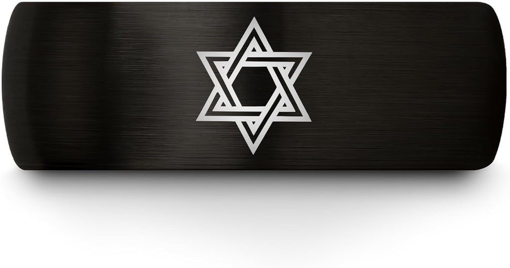 Mezuzah star Of David Ring - Gift for Jewish Family - Flat Dome Bevel - 8mm - Men Women - Yellow Gold Black Silver Blue - Anniversary Wedding - Personalized Custom Engraving - Band - Brushed Polished