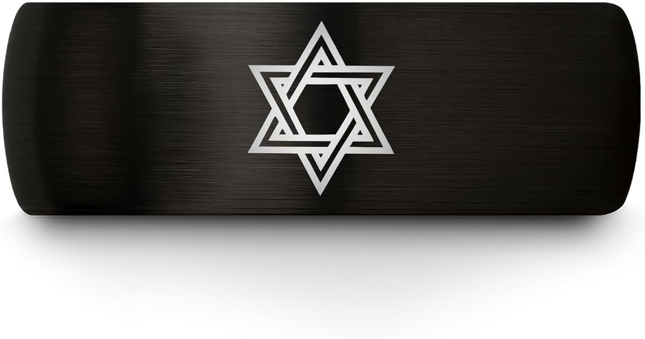 Mezuzah star Of David Ring - Gift for Jewish Family - Flat Dome Bevel - 8mm - Men Women - Yellow Gold Black Silver Blue - Anniversary Wedding - Personalized Custom Engraving - Band - Brushed Polished