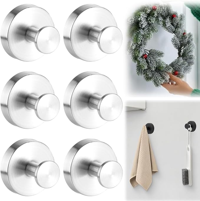 2026 Upgraded Suction Cup Hooks for Door Wreaths, Removable No Drill Wreath Hangers for Front Door, Reusable Hooks Holder for Glass Window Towel Shower Bathroom Kitchen (6, Silver)