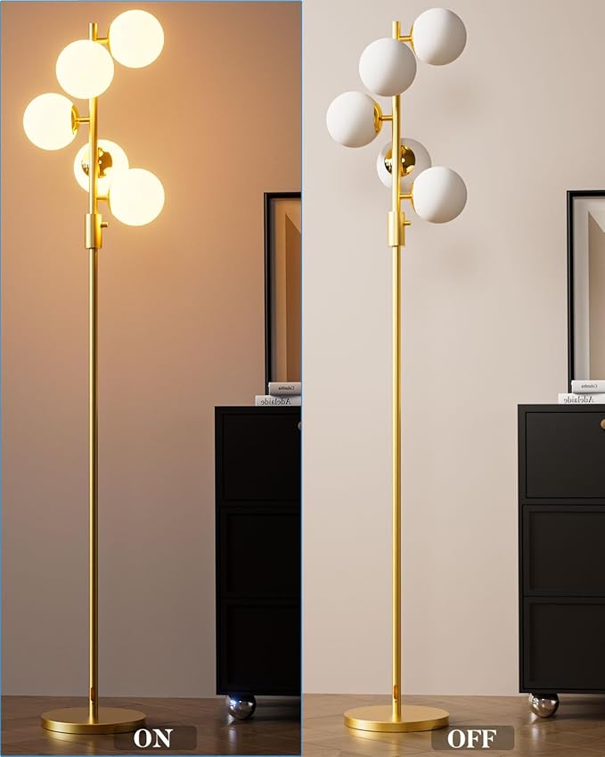 Lightdot Dimmable Globe Floor Lamp Mid Century Modern Floor Lamp with 5Pcs 3000K Bulbs Included Stepless Brightness Adjustable Gold Standing Lamps for Living Room/Bedroom/Sofa Beside/Corner Decor