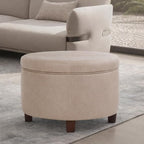 Homepop Home Decor | Upholstered Faux Leather Round Storage Ottoman | Ottoman with Storage for Living Room & Bedroom, Taupe Brown