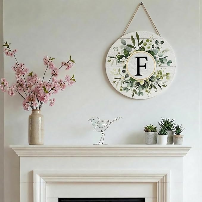 Smile Monogram Letter F Wreaths Wooden Welcome Sign, Family Last Name Initial Front Door Wall Decoration, Floral Spring Summer Porch Rustic Home Kitchen Decor