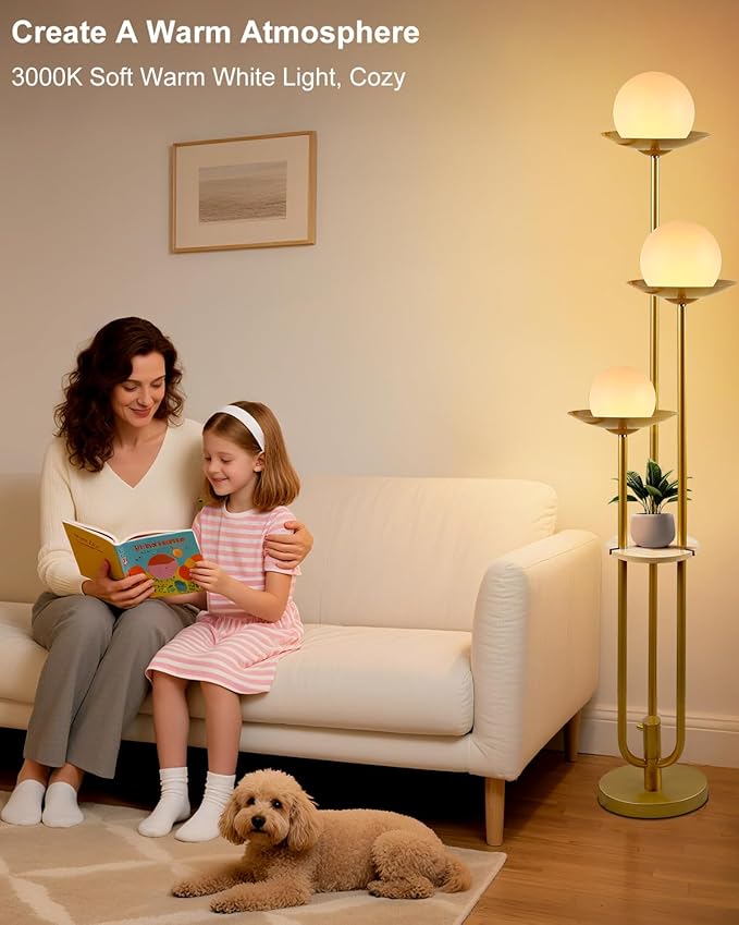 Lightdot Globe Floor Lamp with Shelf 3-Lights Modern Dimmable Floor Lamps for Wedding/Party, 3000K Warm White Bulbs Included, Gold Tall Standing Lamp for Living Room/Bedroom/Sofa Beside/Corner Decor