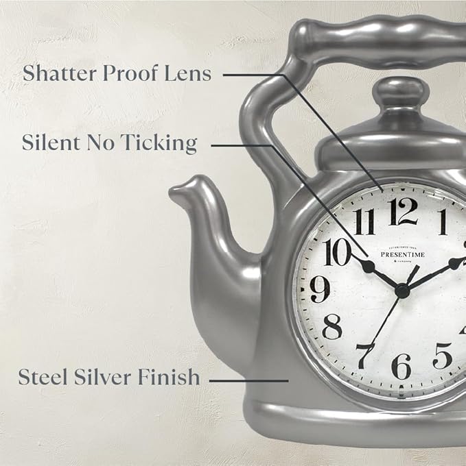 Presentime & Co. 11" Teapot Clock, Silent Non Ticking, Modern Farmhouse Style, Wall & Mantel 2 in 1 Clock, Desk & Shelf, Steel Silver Finish (Wall Deocration/Home Decoration/Tabletop Décor)