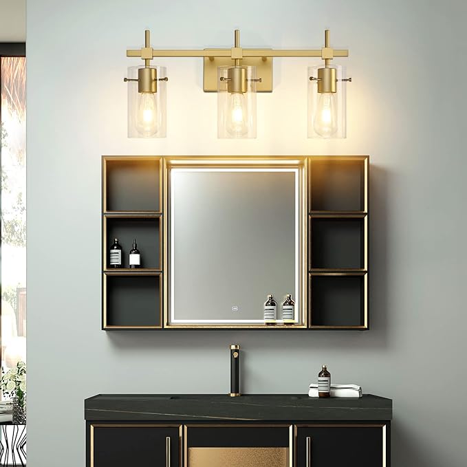 SOLFART Gold 3 Lights Bathroom Light Fixtures for Mirror Vanity Lights Bathroom Vanity Light Wall Sconce