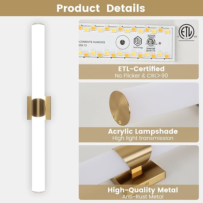 Modern Wall Sconce 30.4 Inch Gold Bathroom Sconces Led Wall Lights with Acrylic Shade Hardwired Long Vanity Lighting Fixtures Over Mirror for Bedroom Living Room Hallway