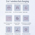 IHAO 5in1 Multi Functional Wireless Charging Station Digital Clock 15W Fast Charging Temperature Display Wireless Charger for All Qi Phone and TWS Headphone Compliant with Apple Watch-DH15 Black