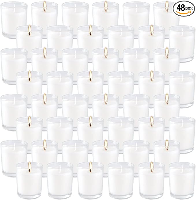 Set of 48 White Votive Candles,Unscented Candles Filled in Clear Glass,Ideal Gift for Weddings,Emergency Lighting,Aromatherapy,Holidays,Meditation,Parties