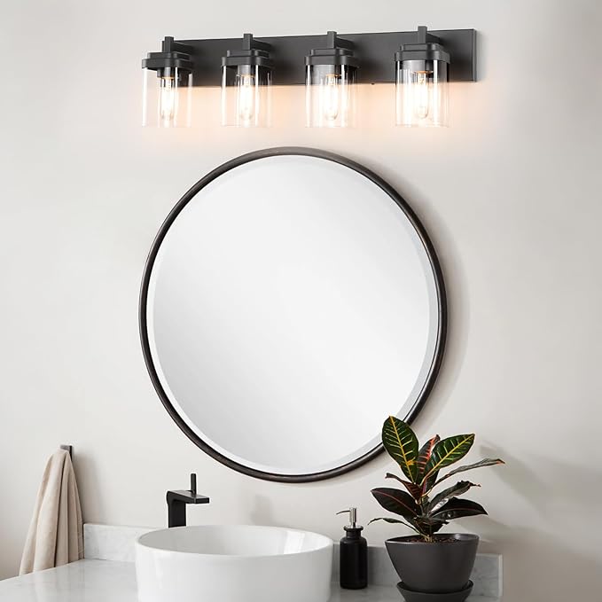 Vanity Light Fixture,4-Light Vanity Light for Bathroom,Matte Black Bathroom Vanity Lighting Over Mirror with Square Clear Glass Shade for Restroom