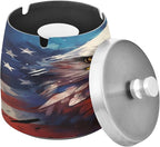 Painting Usa Flag Cool Eagle Ashtray with Lid, Outdoor Ashtrays for Patio, Stainless Steel Ashtray Odorless Smokeless for Home Office Balcony