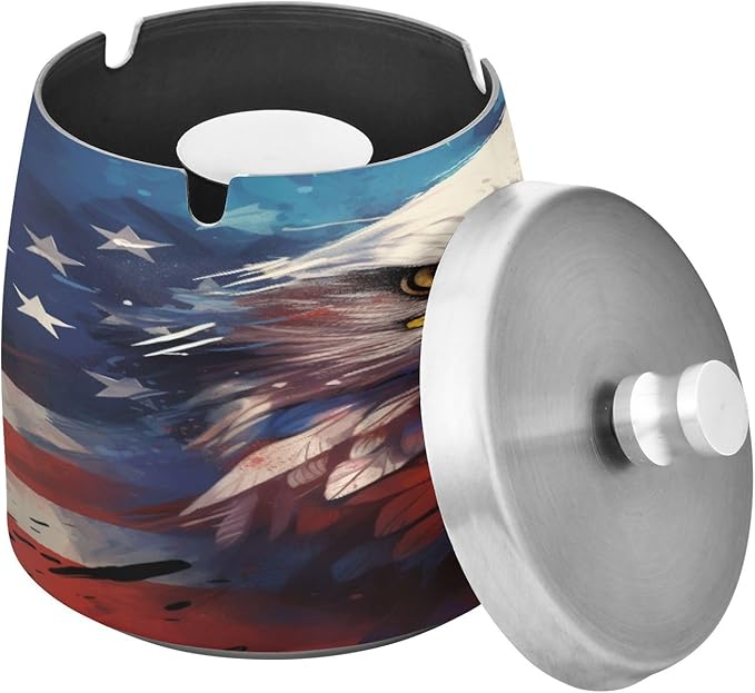 Painting Usa Flag Cool Eagle Ashtray with Lid, Outdoor Ashtrays for Patio, Stainless Steel Ashtray Odorless Smokeless for Home Office Balcony