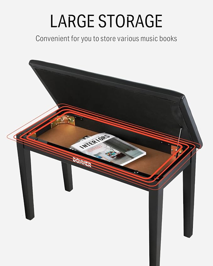 Donner Duet Piano Bench with Storage, Solid Wooden Keyboard Bench Piano Bookcase Stool Chair Seat with High-Density Sponges Padded Cushion, Black