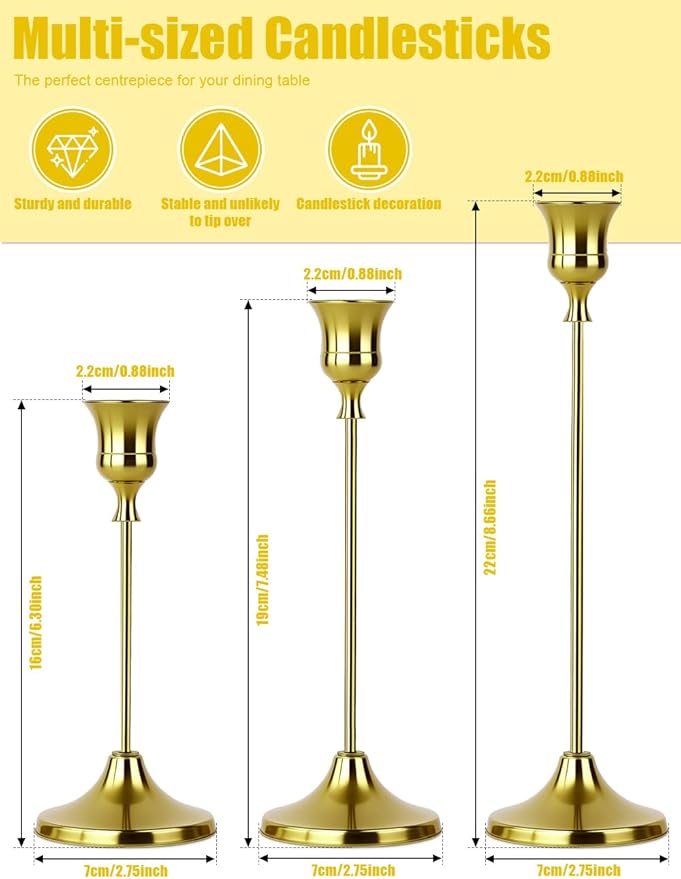 2 Sets(6 Pcs) Brass Tapered Candle Holder,Candlestick Tall Metal Candlestick Holders for Table Centerpiece Home Decor for Wedding Fireplace Mantel Housewarming Gift Fits 3/4 Inch Thick Candles