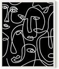 Abstract Face Pattern Wall Art Black Background White Continuous Line Drawing 16x20 Inch Oak Wood White Framed Modern Diverse Portrait for Living Room Decor