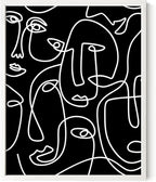 Abstract Face Pattern Wall Art Black Background White Continuous Line Drawing 16x20 Inch Oak Wood White Framed Modern Diverse Portrait for Living Room Decor