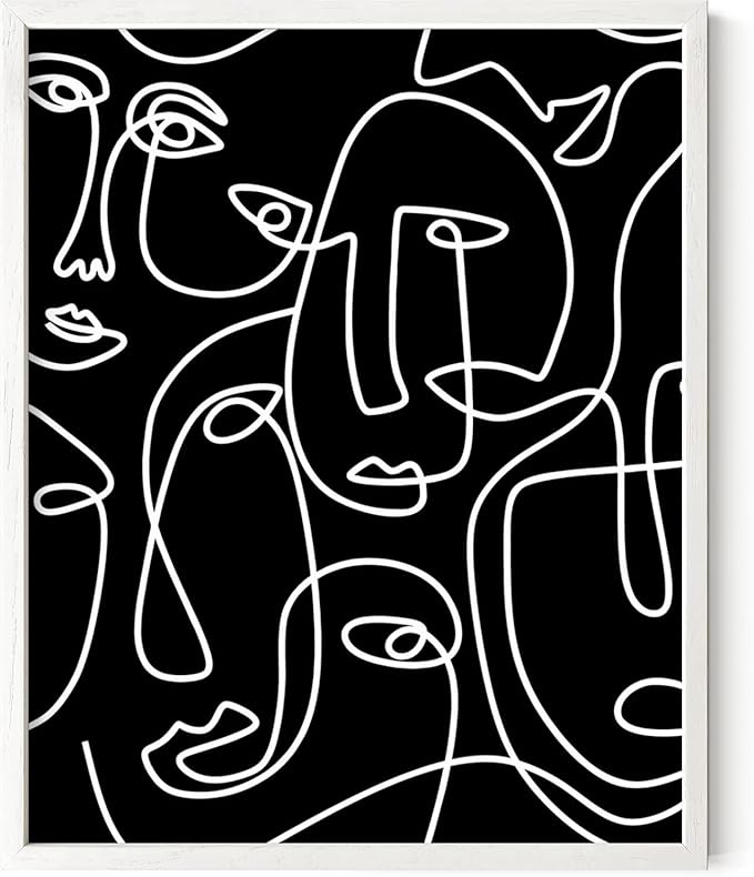 Abstract Face Pattern Wall Art Black Background White Continuous Line Drawing 16x20 Inch Oak Wood White Framed Modern Diverse Portrait for Living Room Decor