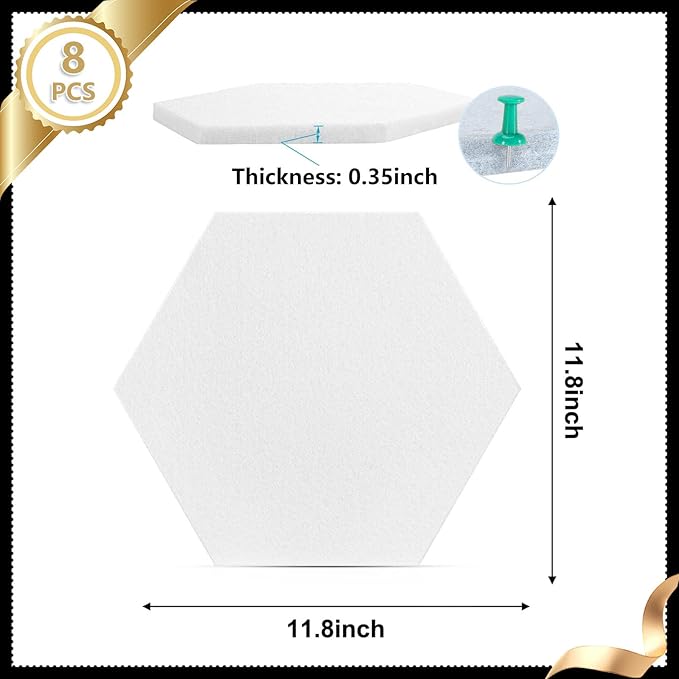 8 Packs White Hexagon Felt Pin Board, 12" Bulletin Board with 30 Push Pins, Felt Board for Home Kitchen Office Decor, Self-Adhesive Corkboard Tiles for Walls School Message Photos Memos