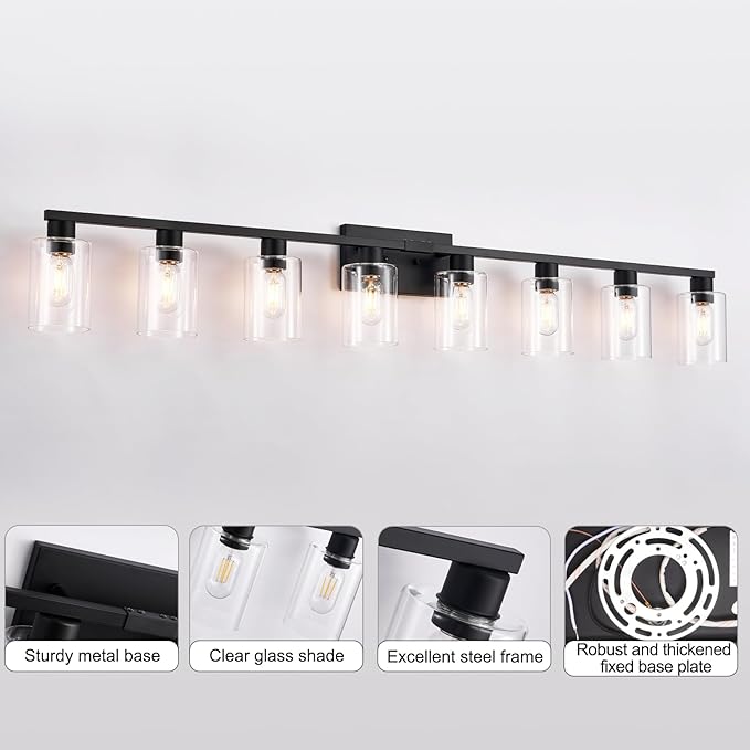 8-Light Black Vanity Light Fixtures,Vanity Lights Clear Glass ShadeRust and Moisture Resistant Easy to Install Vanity Lights for Bathroom Light Over Mirror