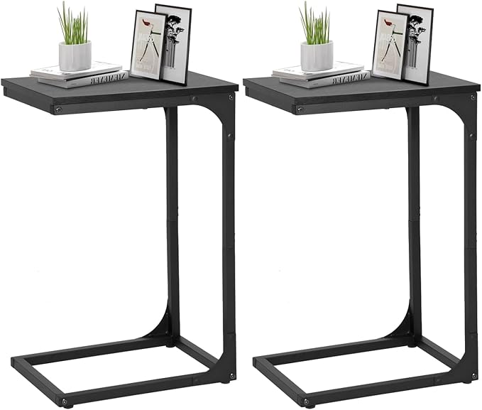 FDW C-Shaped End Table Wooden Top Side Table Adjustable Feet Small Cough Table Bedside End Table with Metal Frame for Bedroom Living Room,Set of 2,Black