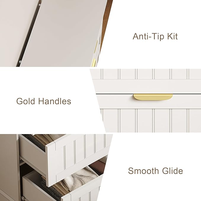 6 Wooden Drawer Dresser for Bedroom Storage, Modern Farmhouse Wood Chest of Drawers with Metal Handles, Wide Storage Cabinet for Closet, Living Room, or Entryway White