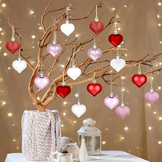 GP Life 36PCS Heart Ornaments for Valentine Tree, Hanging Decorations Included Pink White Red Heart Ornament