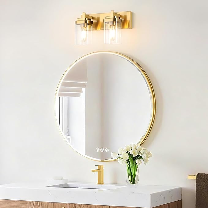 Vanity Light Fixture,2-Light Vanity Light for Bathroom,Brushed Gold Bathroom Vanity Lighting Over Mirror with Square Clear Glass Shade for Restroom