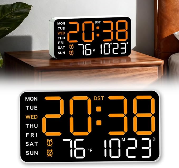 Multifunctional Decorative Led Digital Wall Clock,Large Digital Clock Shows Time,Date,Temperature,Auto Brightness Adjustment,Dual Alarms,Electronic Clock for Livingroom (Orange lamp with white shell)