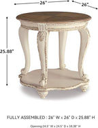 Signature Design by Ashley Realyn Cottage Style Round End Table, Fixed Lower Shelf, Antiqued 2-tone, Finish, Wood, 26" W x 26" D x 25.88" H, White and Brown