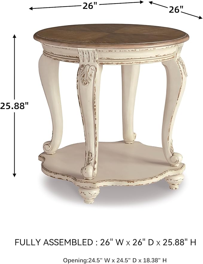 Signature Design by Ashley Realyn Cottage Style Round End Table, Fixed Lower Shelf, Antiqued 2-tone, Finish, Wood, 26" W x 26" D x 25.88" H, White and Brown
