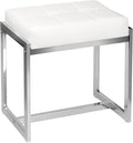 Vanity Stool, Vanity Chair Stools for Makeup Room, Faux Leather Small Makeup Bench, Modern Silver Metal Legs Ottoman Foot Rest for Bedroom Living Room, White & Silver