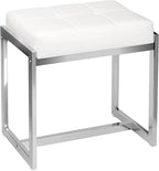 Vanity Stool, Vanity Chair Stools for Makeup Room, Faux Leather Small Makeup Bench, Modern Silver Metal Legs Ottoman Foot Rest for Bedroom Living Room, White & Silver