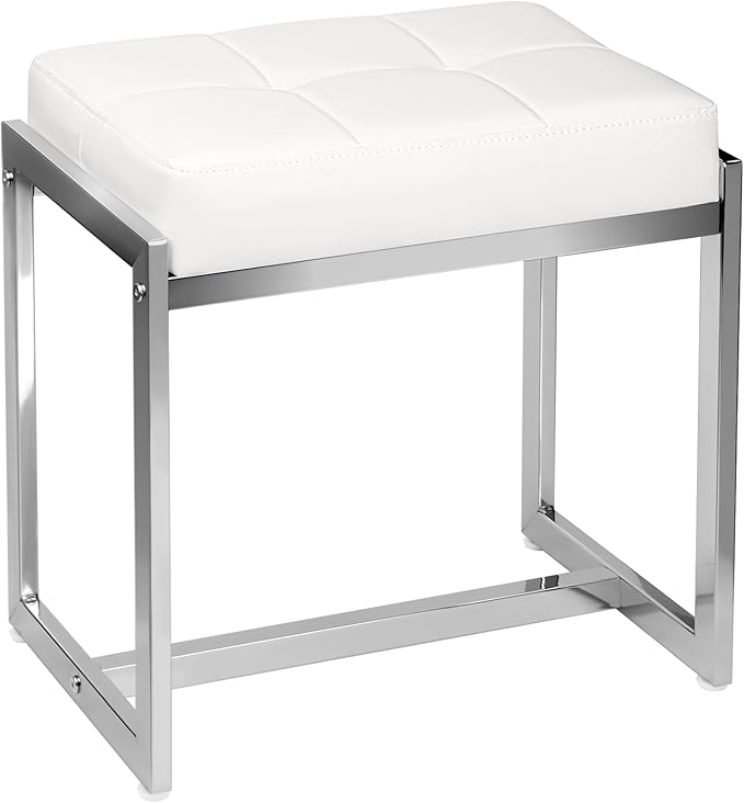 Vanity Stool, Vanity Chair Stools for Makeup Room, Faux Leather Small Makeup Bench, Modern Silver Metal Legs Ottoman Foot Rest for Bedroom Living Room, White & Silver