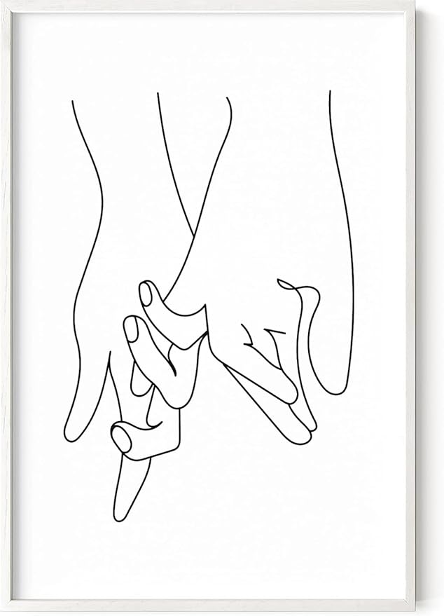Holding Hands Wall Art Interlocking Fingers Continuous Line Drawing Love Connection 24x36 Inch Oak Wood White Framed Modern Romance Print for Bedroom
