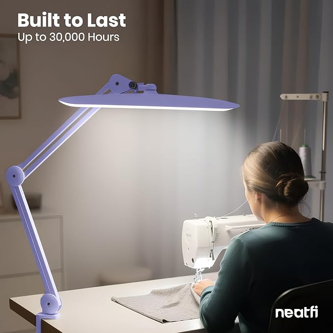 Neatfi XL Nail Desk Lamp with Clamp, 2200 Lumens, 20-Inch Wide Head, Dimmable 4 Levels, 3 Color Modes 3000K–6000K, LED Task Light for Manicure Table, Crafts, Workbench, Office (CCT, Lavender)