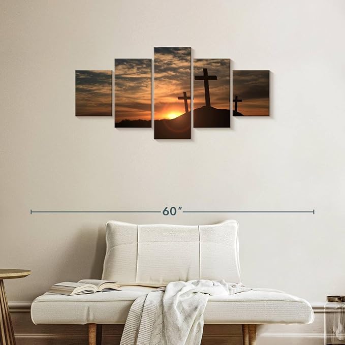 Elephant Stock Cross Silhouettes Wall Art Multi Piece Canvas - 5 Panel Christian Pictures Decor - Digital Design Canvas Print - Christian Wall Decor - 42" X 19"