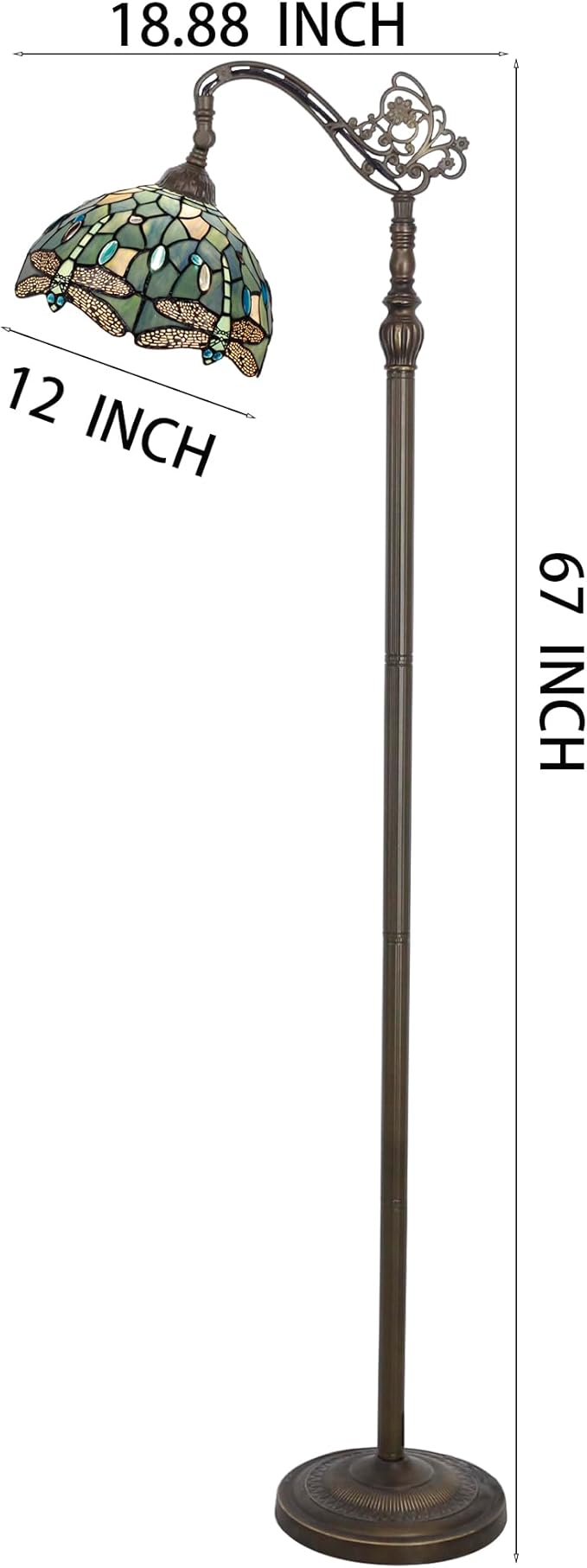 Tiffany Floor Lamp Sea Blue Stained Glass Dragonfly Style 12X12X67 Inch Angle Adjustable Arched Gooseneck Antique Reading Light