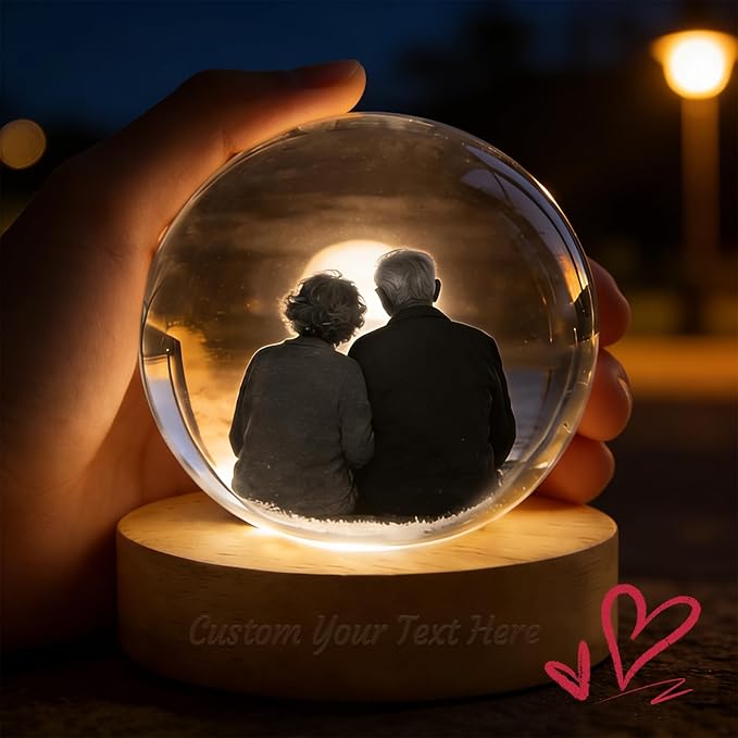 QYH Personalized 3D Crystal Photo Snow Globe, 3D Engraved Memory Sphere with Wooden Base, LED Night Light, Custom Gifts for Pets, Couples, Babies, Parents, Anniversary, Christmas, Birthday