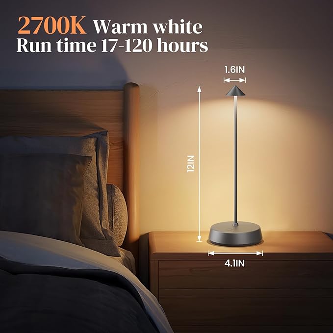 Cordless Table Lamp Rechargeable, Battery Operated 6000mAh Desk Lamp Touch Dimmable Lamp Outdoor Waterproof Portable Wireless Table Light for Dining Restaurant Bar/Outdoor (Gray)