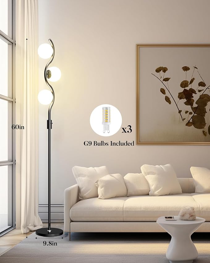 Lightdot 60IN Dimmable Black Floor Lamp, Mid Century Standing Lamps with 3 Globe Soft Warm White 3000K Bulbs Included, Modern Tall Lamp for Living Room/Bedroom/Sofa Beside/Corner Decor