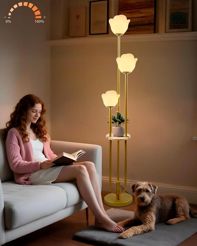 Lightdot 63IN Floral Floor Lamp 3-Lights Flower LED Floor Lamps with 3000K Bulbs Included Candle Holder Style for Wedding Party Modern Gold Tall Floor Lamp for Living Room/Sofa Beside/Corner Decor
