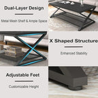 LVB Black Coffee Table, Wood Metal 2 Tier Center Tables with Storage Shelf, Modern Rectangular Concrete Tea Table for Living Room, Wooden Middle Cocktail Table for Office Bedroom, 47 inch, Black Oak