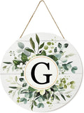 Smile Monogram Letter G Wreaths Wooden Welcome Sign, Family Last Name Initial Front Door Wall Decoration, Floral Spring Summer Porch Rustic Home Kitchen Decor